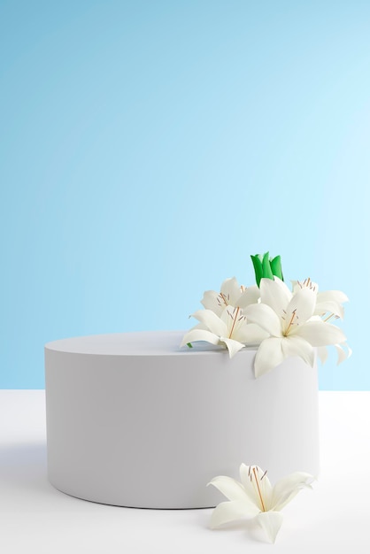 Stenen podium met witte lelie bloemen d renderen