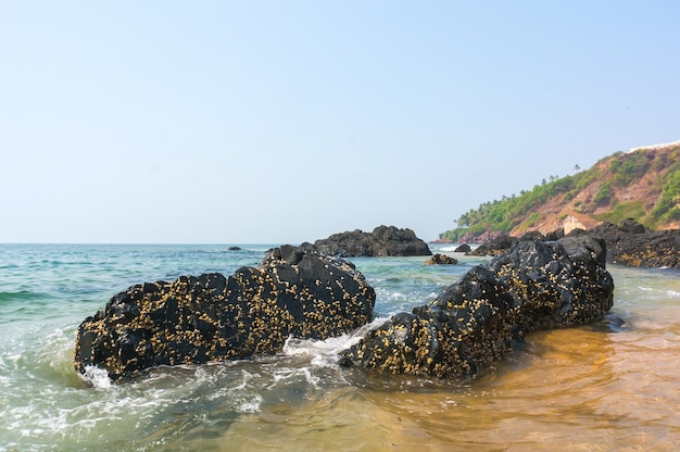 Stenen steken uit de turquoise blauwe zee op de achtergrond de rotsachtige kust. Goa India.