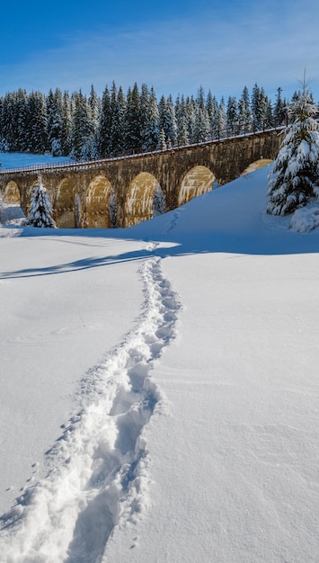 Stenen viaduct boogbrug op spoorweg door besneeuwd sparrenbos Sneeuw drijft langs de weg en rijm op bomen en elektrische lijndraden