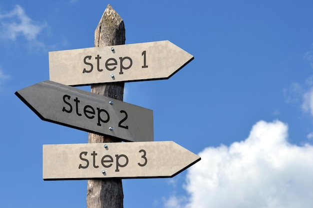 Step 1 step 2 step 3 wooden signpost with three arrows sky with clouds