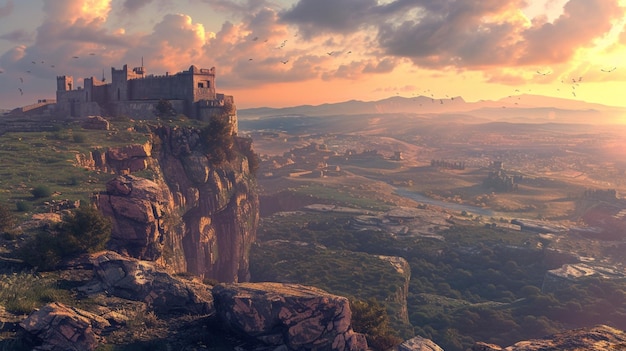 Step back in time to an ancient citadel perched atop a rugged cliff overlooking the vast expanse of a windswept landscape