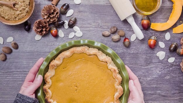 Photo step by step. baking home made pumpkin pie for thanksgiving dinner.