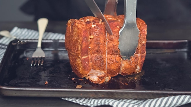 Step by step. Cooked boneless pork roast rubbed with spice rub.