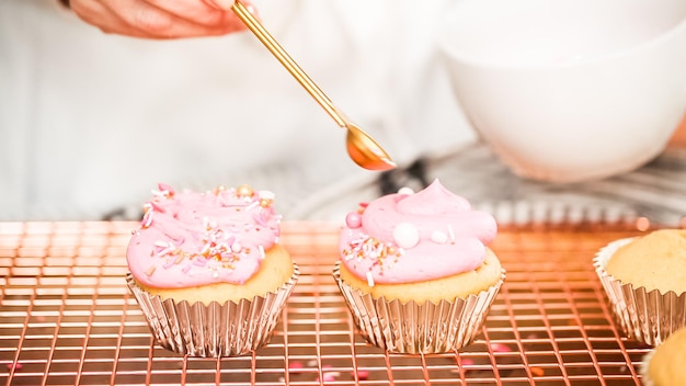 Step by step. Decorating unicorn themed vanilla cupcakes with rainbow buttercream frosting.