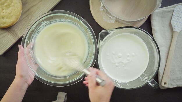 Step by step. Making mousse cake with pink mirror glaze and fresh berries.