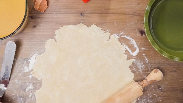 Step by step. Making pie crust from scratch to bake pumpkin pie.