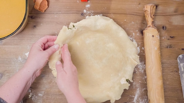 Step by step. Making pie crust from scratch to bake pumpkin pie.