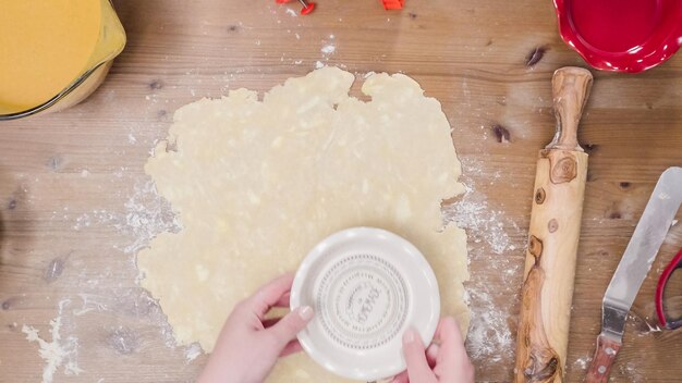 Step by step. Making pie crust from scratch to bake pumpkin pie.