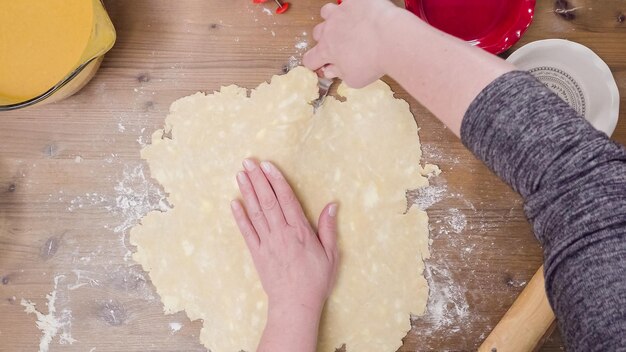 ステップバイステップ。パイ生地を一から作り、パンプキンパイを焼きます。