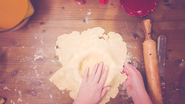 Photo step by step. making pie crust from scratch to bake pumpkin pie.