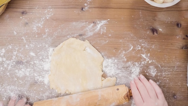 Step by step. Making pie crust from scratch to bake pumpkin pie.