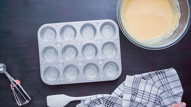 Step by step. Top view. Baking cornbread muffins.