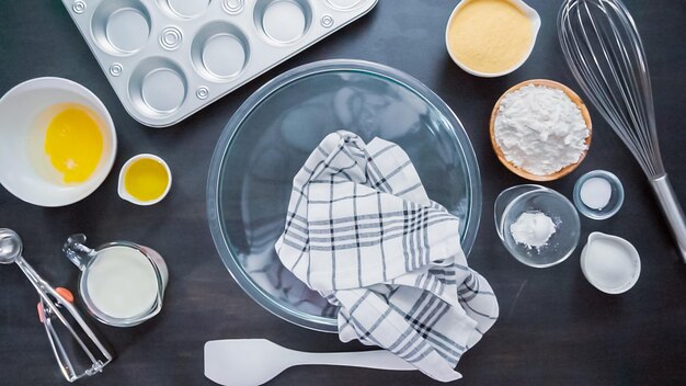 Step by step. Top view. Baking cornbread muffins.