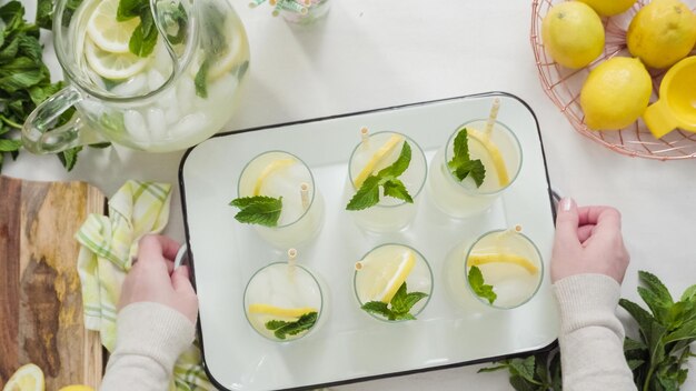 Step by step. Tray with  traditional lemonade with fresh sliced lemons and mint.