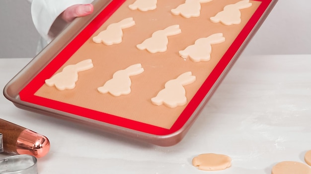 Step by step. Unbaked Easter sugar cookies arranged for baking on a baking sheet.