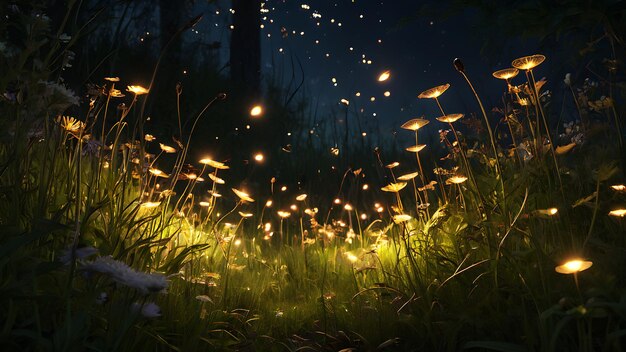 사진 반불의 부드러운 빛으로 빛나는 초원에 발걸음을 옮기십시오. 작은 곤충은 마법의 춤을 만니다.