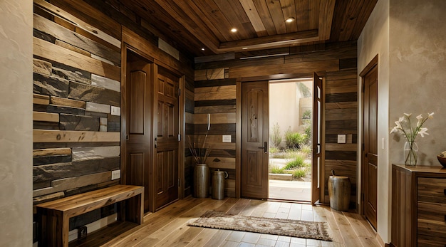 Войдите в уютную хижину, чтобы насладиться сложными деревянными стенами и элегантными шкафами.