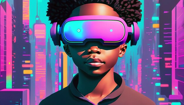 Step into the Cyberpunk Realm Immerse in 4K Illustrations of a Boy Wearing VR Headset in Vibrant