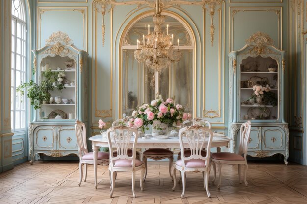 装飾された家具で飾られた 優雅で優雅なヴィンテージの フランス料理室に足を踏み入れる