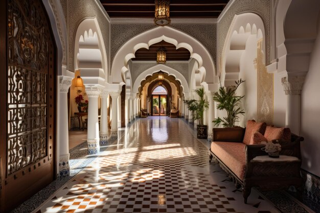 Step into an elegant Moroccaninspired hallway interior adorned with intricate tilework