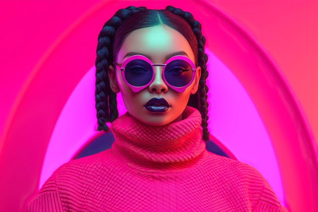 Step into the future of fashion as a young model embraces the allure of colorful neons AI Generated