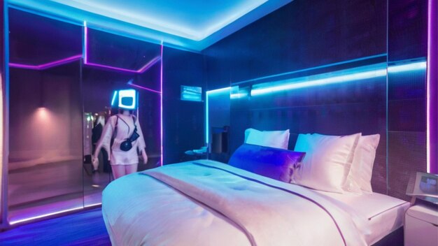 Step into the future with our hightech hotel where each room is equipped with virtual reality