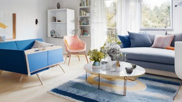 Step into a living room with a Scandinavian twist where sleek furniture and pops of color