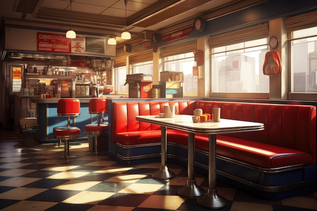 <unk>색 바닥과 빨간색 부스를 가진 편안한 레스토랑으로 들어가서 향수를 느낄 수 있습니다. 50년대 미국 식당의 향수를 느낄 수 있습니다.