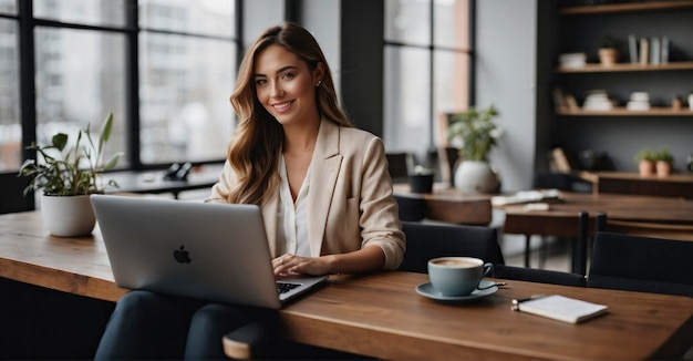 Step into the realm of business efficiency with a millennial businesswoman focused on her laptop ded