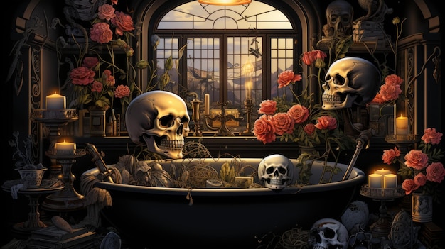 Step into a surreal world where a skeleton finds relaxation in a claw bathtub Ceated with Generative AI