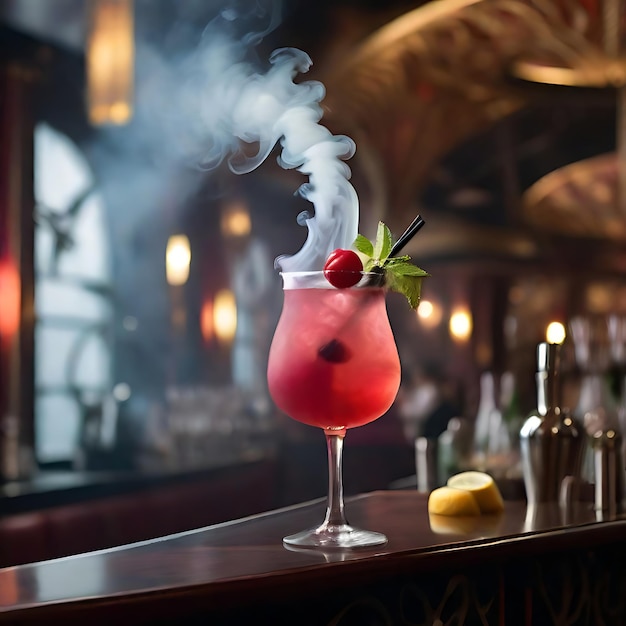 Step into a world of enchantment where cocktails dance in the air amidst a haze of smoke ai