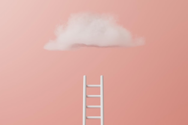 Step ladder leading to fluffy cloud on pastel pink background Growth business concept 3D render