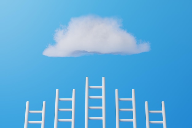 Step ladders leading to fluffy cloud on a blue background 3D render illustration