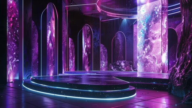 Step onto a cosmic rose podium where the mesmerizing fusion of deep purples and soft pinks come