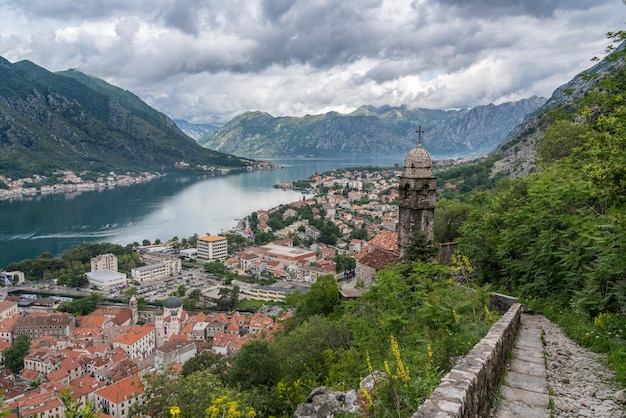 Step path by church above Old Town of Kotor in Montenegro