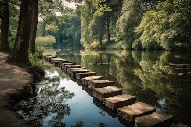 Step stones leading to a serene lake surrounded by towering trees