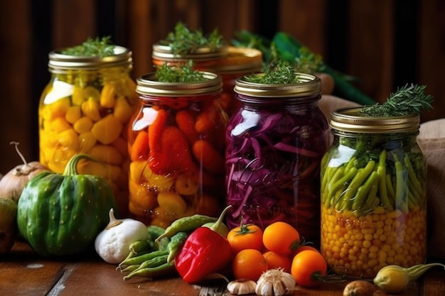 Stepbystep process of canning autumn vegetables in jars created with generative ai