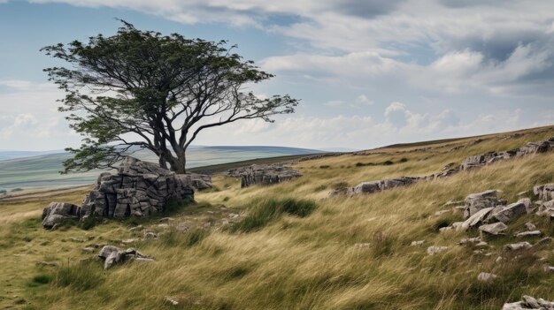Steppe in Yorkshire Een prachtig Brits landschap met een majestueuze boom
