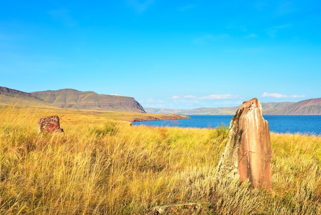 Steppebank van de Yenisei-rivier Tepsei-berg aan de horizon onder een blauwe bewolkte hemel Siberië