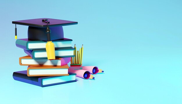 Photo stepping into success school books accessories and graduation vibes on light blue 3d rendering