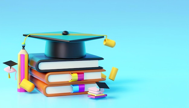 Photo stepping into success school books accessories and graduation vibes on light blue 3d rendering