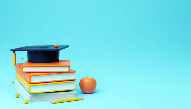 Шаг к успеху Школьные книги Аксессуары и выпускные вибрации на светло-синем 3D-рендеринге