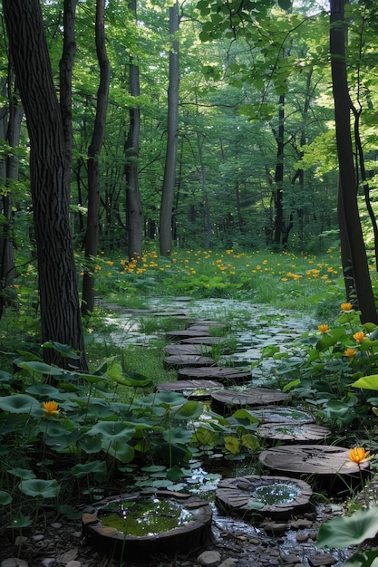 Stepping stones in a lush green forest