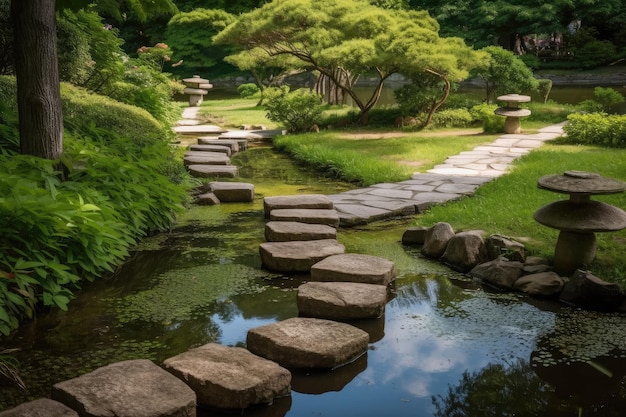 Stepping stones and pathways leading to serene japanese garden