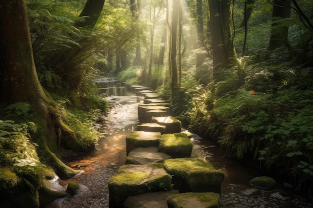 Stepping stones through lush forest with trails of sunlight shining through the trees