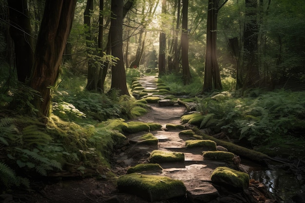 Stepping stones through lush forest with trails of sunlight shining through the trees