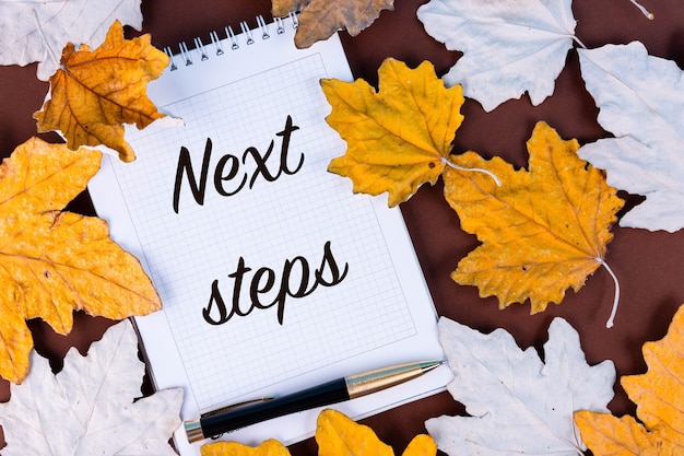 Next Steps, inscription, text, in a white notebook, autumn maple leaves.