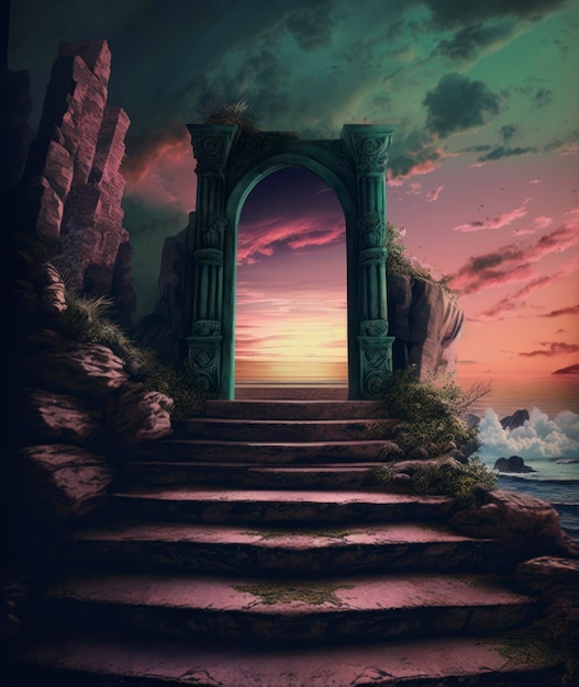 The steps that lead up to the entrance at sunset in the style of decorative backgrounds