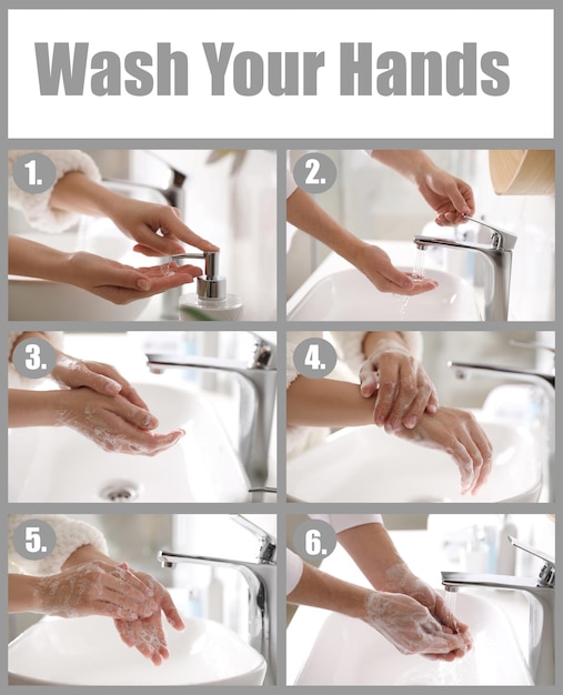 Photo steps of washing hands effectively collage with person over sink in bathroom closeup