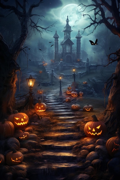 Steps with glowing pumpkins on the side leading to a spooky cemetery Halloween celebration concept